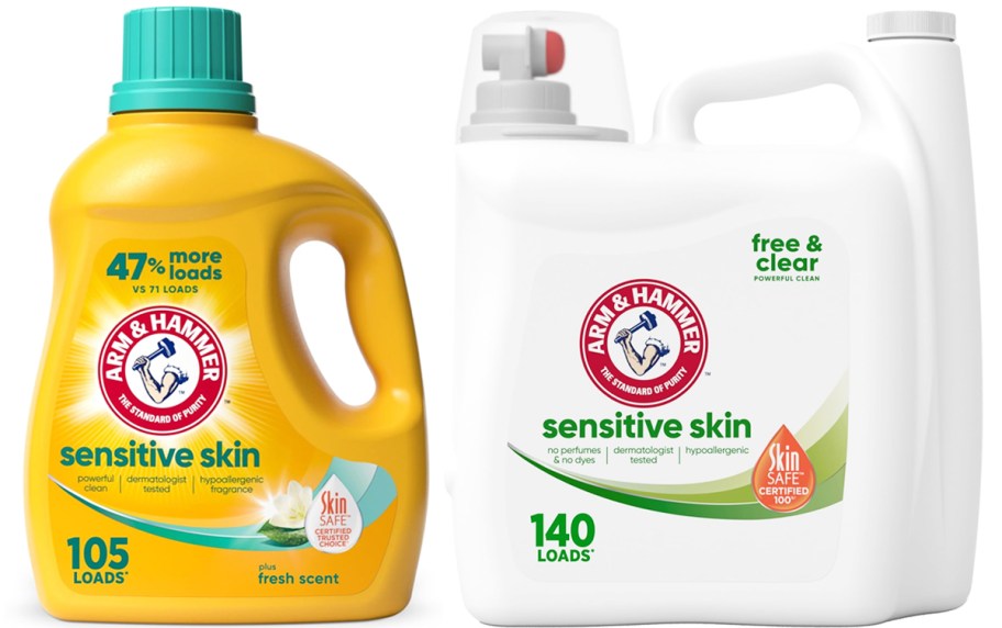 yellow and white bottles of Arm & Hammer laundry detergents