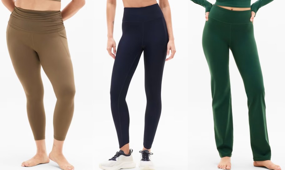three women in brown, navy blue, and green leggings