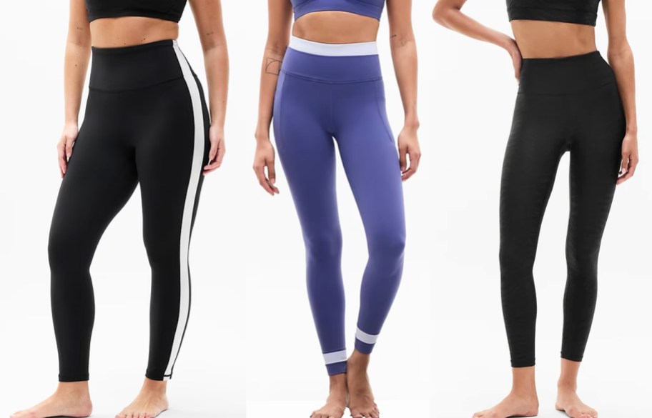 three women in black and purple leggings