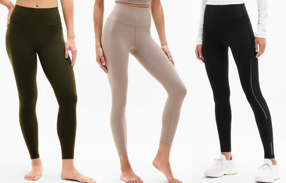 three women in green, tan, and black leggings