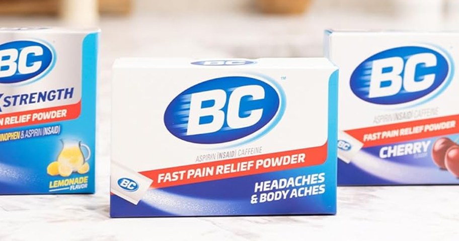 boxes of BC Powder Pain Relievers on counter