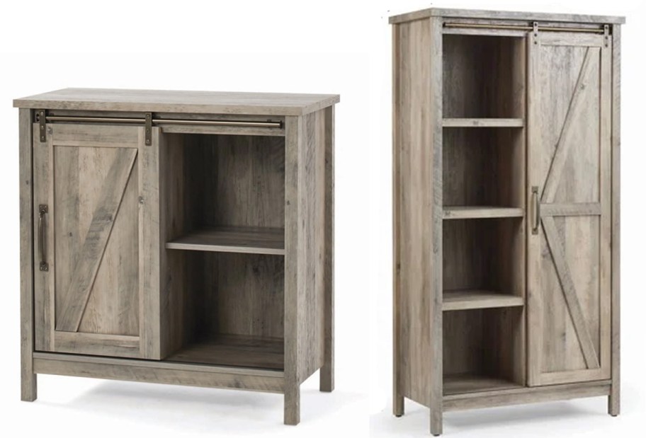 matching grey farmhouse accent cabinet and bookcase