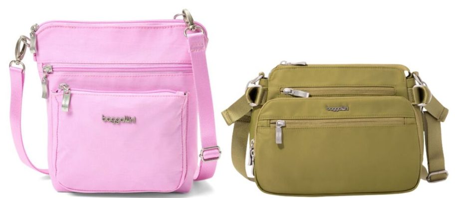 stock image of two baggallini bags in pink and green