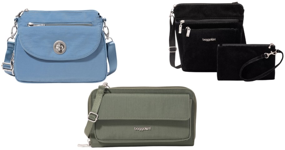3 styles of baggallini crossbody bags in blue, green, and black velvet