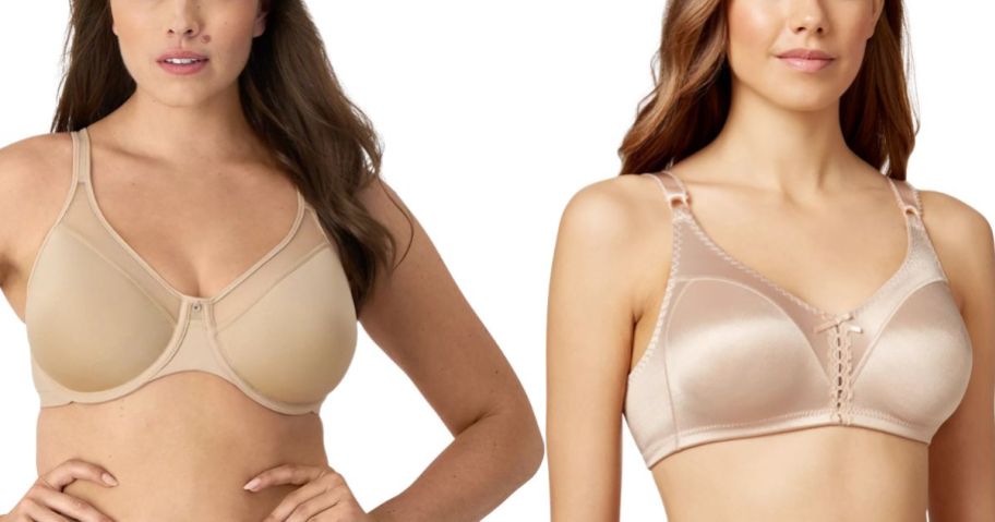 two women wearing a Bali Women's One Smooth U Ultra Light Shaping Underwire Bra and Bali Double Support Tailored Wireless Lace Up Front Bra