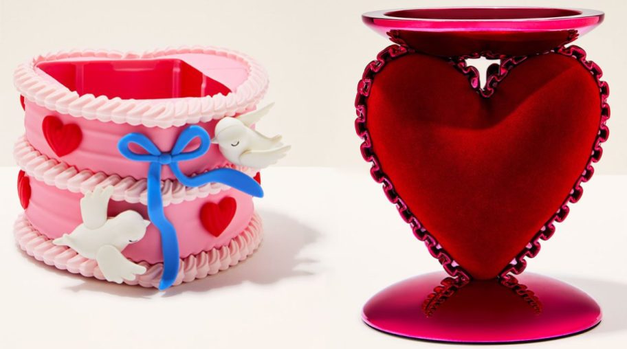 Bath & Body Works Love Birds Soap Holder and Ruffled Heart Cushion Pedestal 3-Wick Candle Holder
