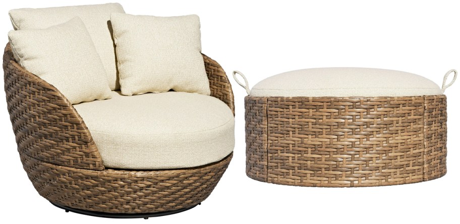 Beautiful by Drew Barrymore Wicker Outdoor Swivel Chair w: Bouclé Cushions & Cover Beautiful by Drew Barrymore Wicker Reversible-Top Ottoman & Coffee Table w: Cover