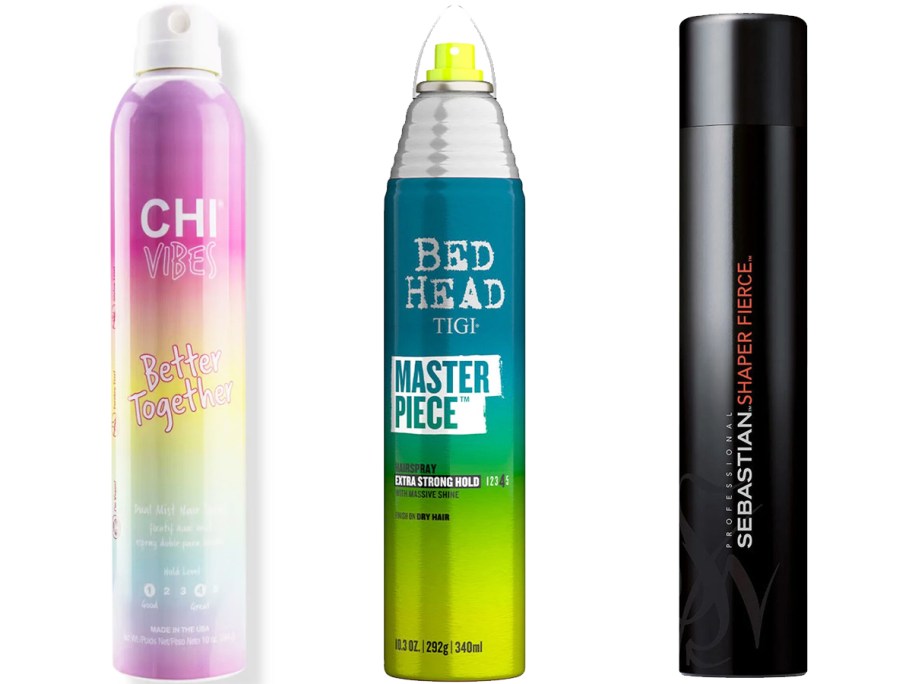 CHI, bed head, and sebastian sprays in a row