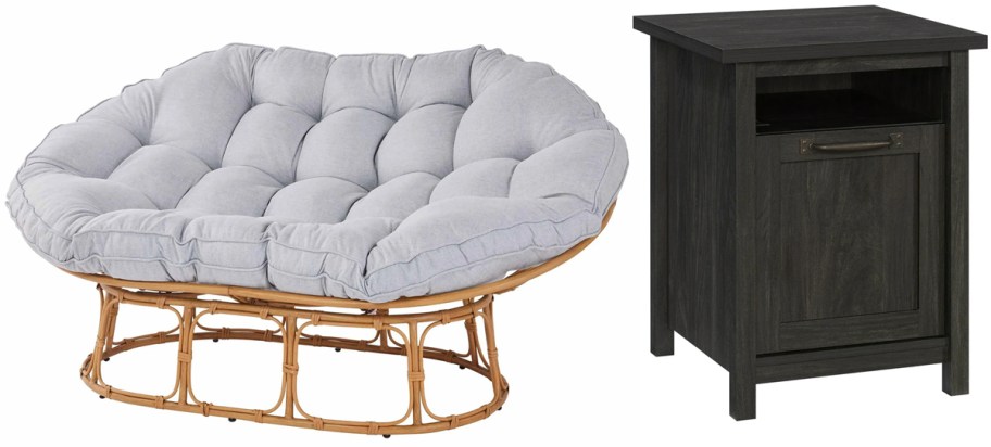 Better Homes & Gardens Double Papasan Chair in Grey Linen, Modern Farmhouse USB Side Table in Black