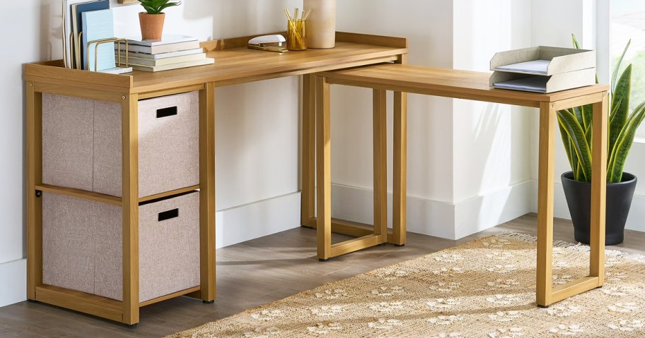 wood l-shaped desk with 2 cube storage bins