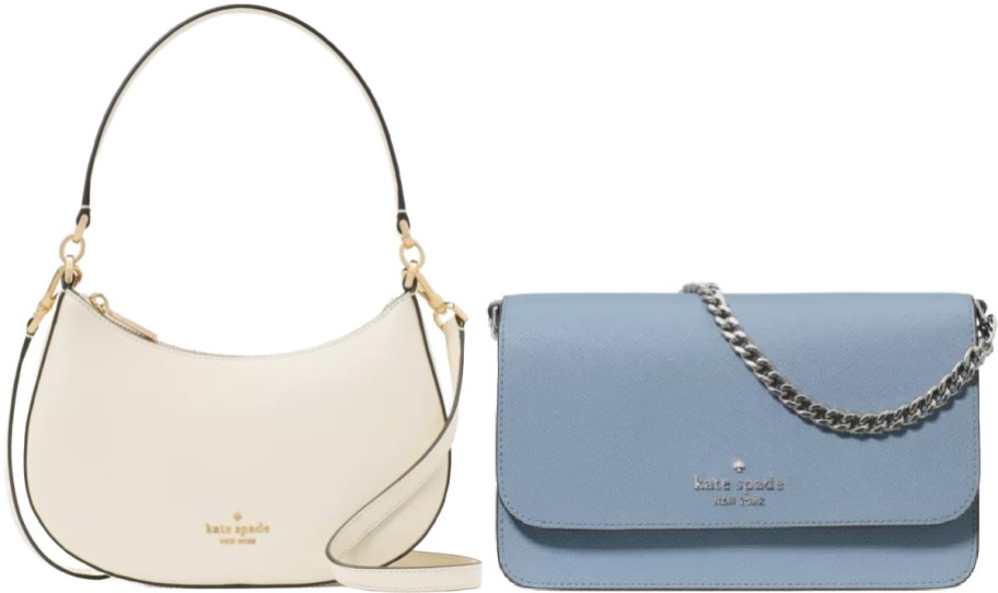 Two Kate Spade purses. One is white and one is light blue.