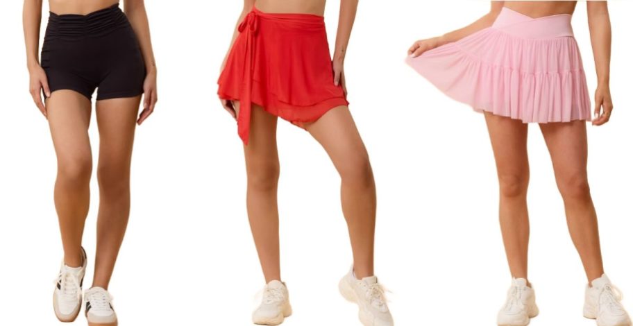 Stock images of 3 women wearing Blogilates shorts and skirts