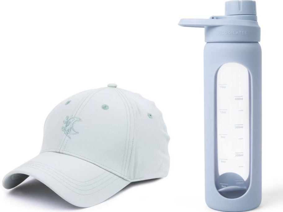 Stock images of a Blogilates Baseball Hat and Protein Shaker Bottle