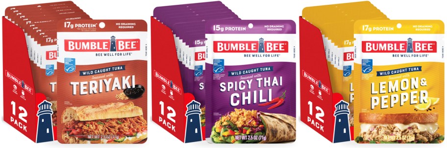 12-packs of Bumble Bee Seasoned Tuna Pouches in various flavors