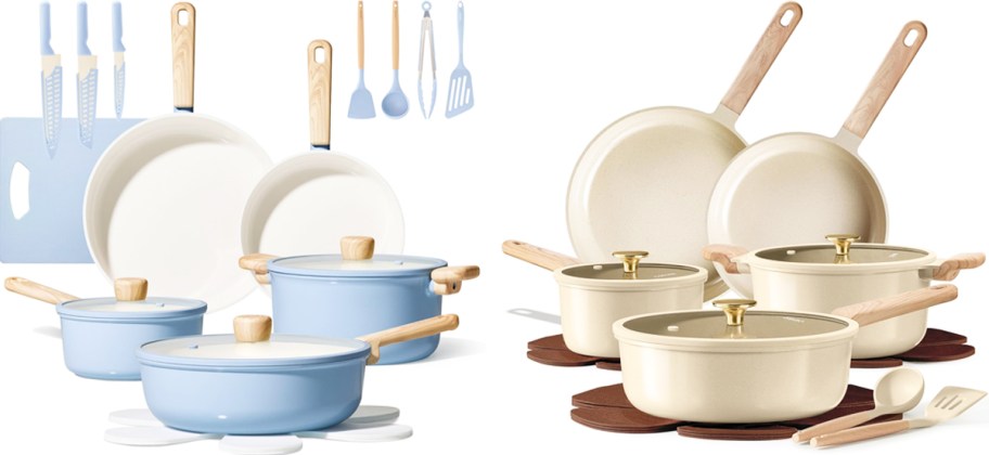 blue and white carote cookware sets