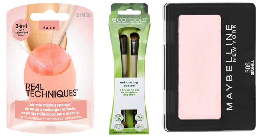 beauty blender, makeup brushes and eyeshadow