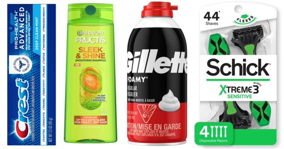 toothpaste, shampoo, shaving cream and disposable razors