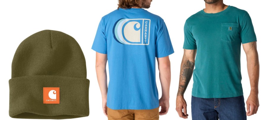 A Carhartt beanie and two men wearing Carhartt shirts.