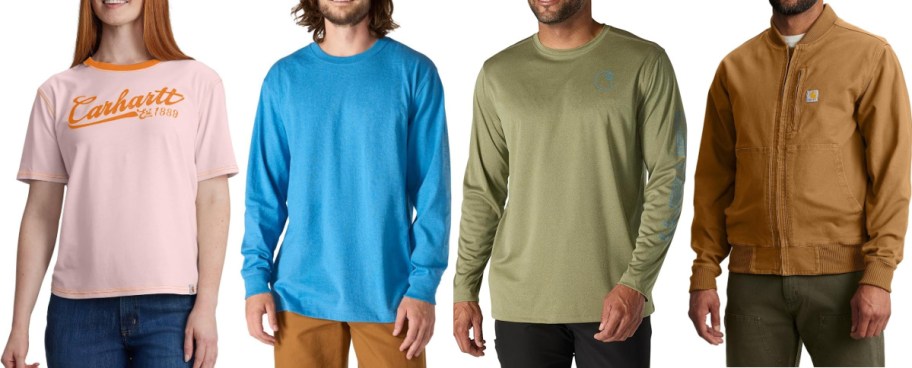 Four people wearing Carhartt clothing standing side by side.