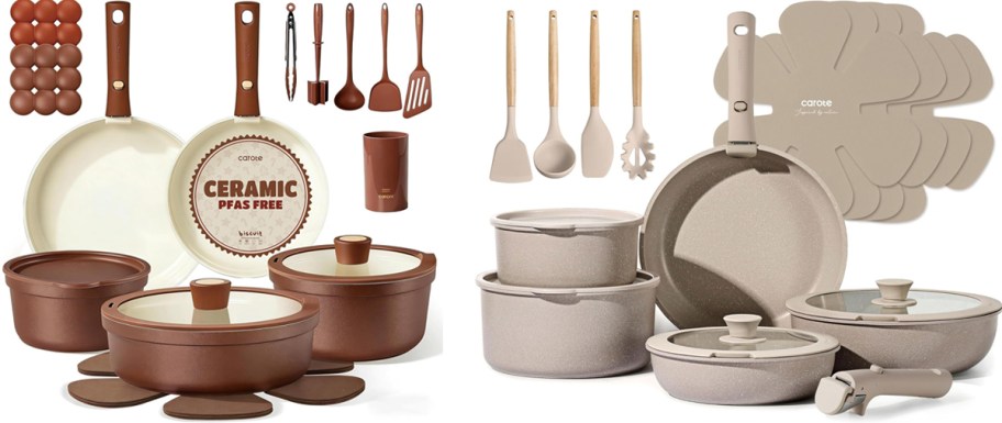 brown and beige cookware sets