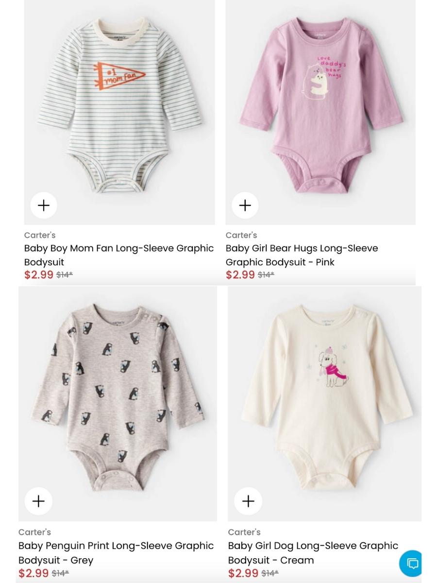 screenshots of carter's clearance bodysuits and onesies with discounted price