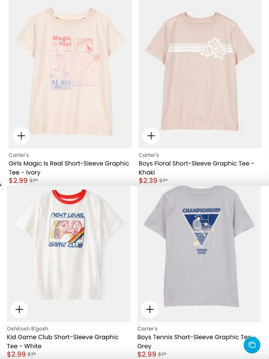screenshots of carter's clearance t-shirts with discounted price