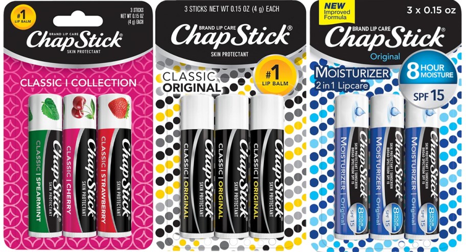 3-packs of ChapStick lip balms in a row