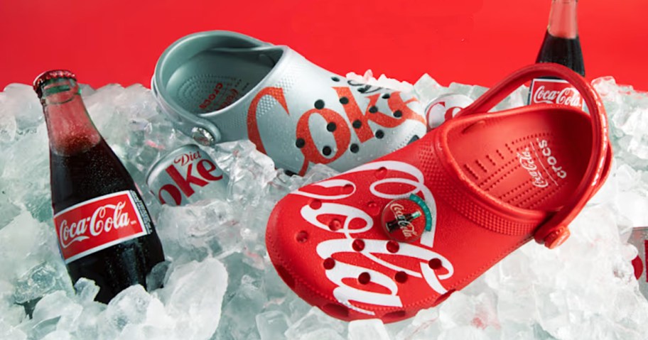 Coca-Cola and Diet Coke Crocs clogs on ice