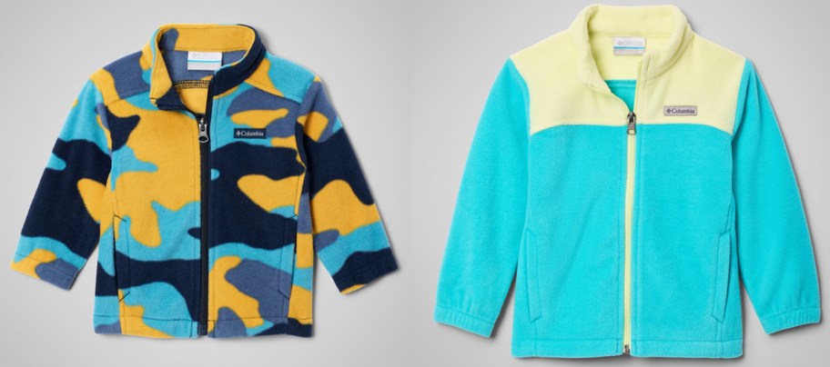 colorful camo print and blue Columbia Fleece Jackets