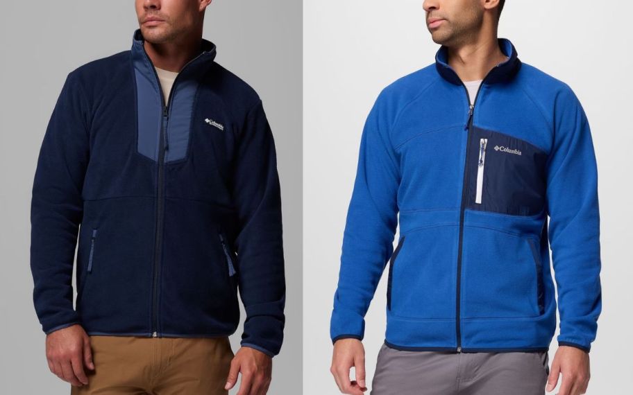two different columbia fleece jackets in shades of blue