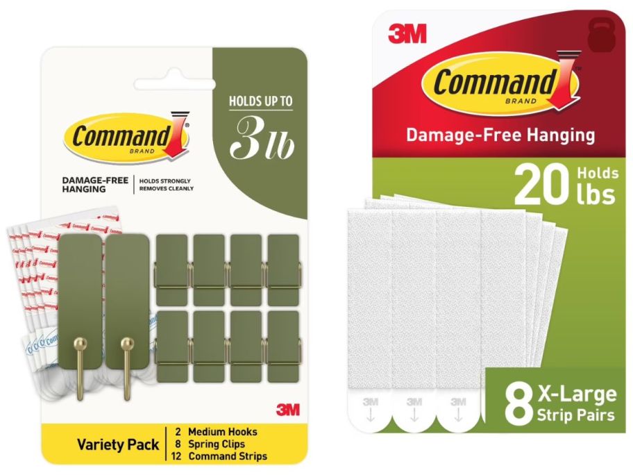 Stock images of two sets of command hooks and picture hanging strips