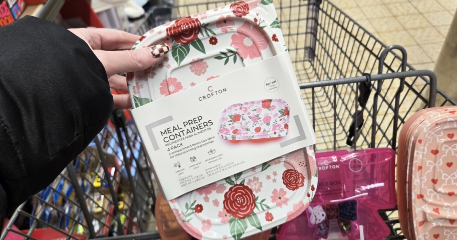 hand holding up a set of Crofton Meal Prep Containers with floral print lids