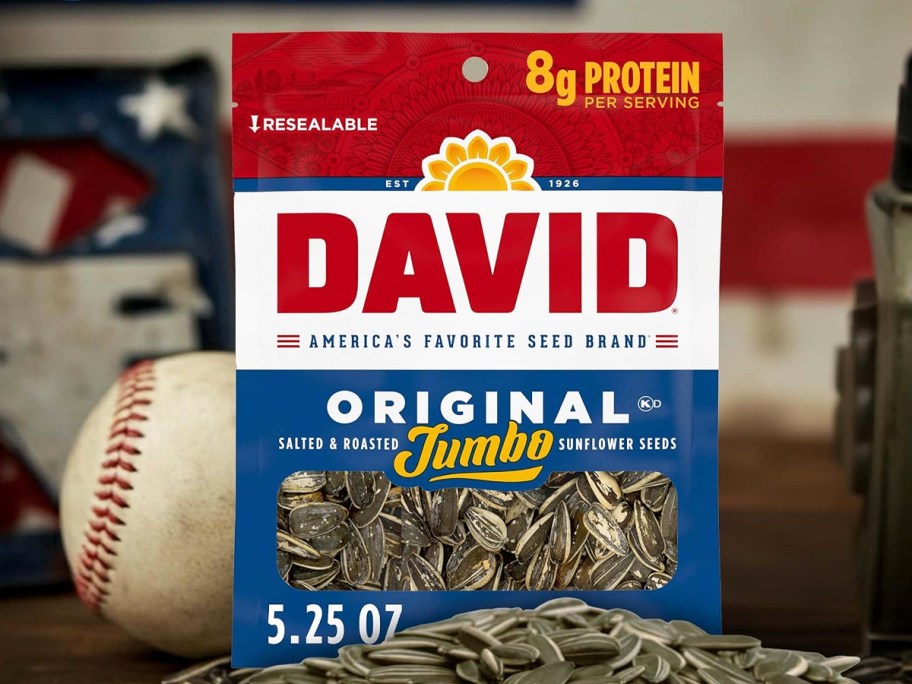 pack of David Original Sunflower Seeds with pile of seeds in front of it