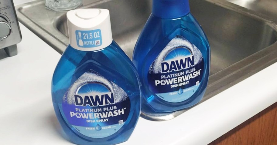 two refill bottles of Dawn Powerwash near kitchen sink