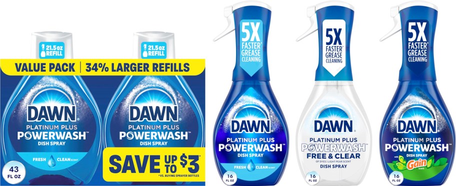 bottles of dawn powerwash and refills in a row