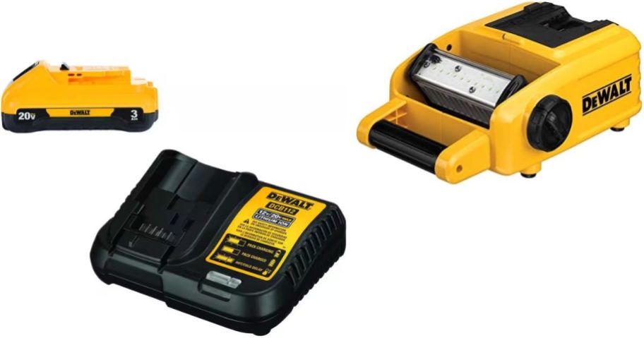 Stock images of a dewalt battery set and work light