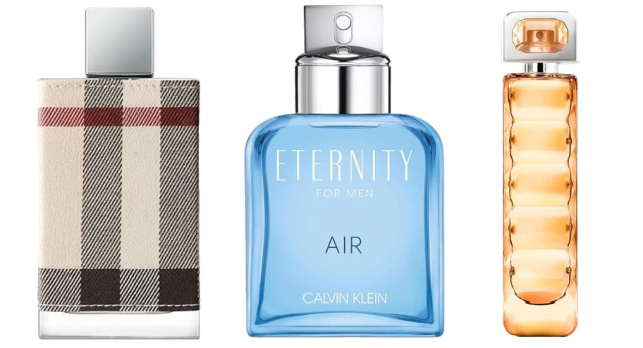 stock image of three different designer perfumes