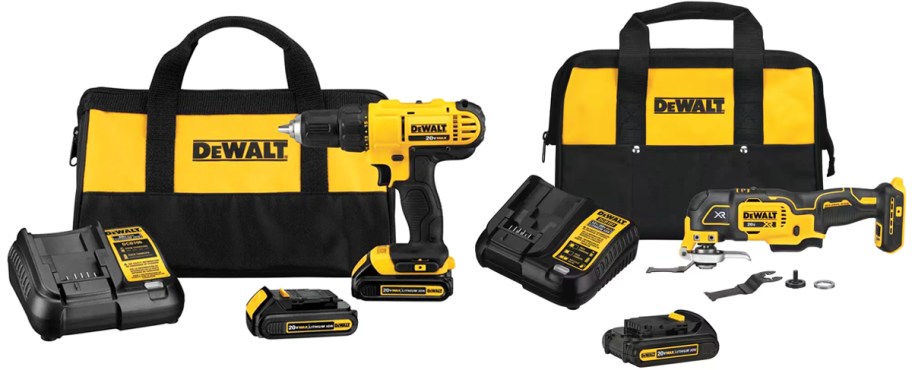 two yellow and black dewalt tool sets