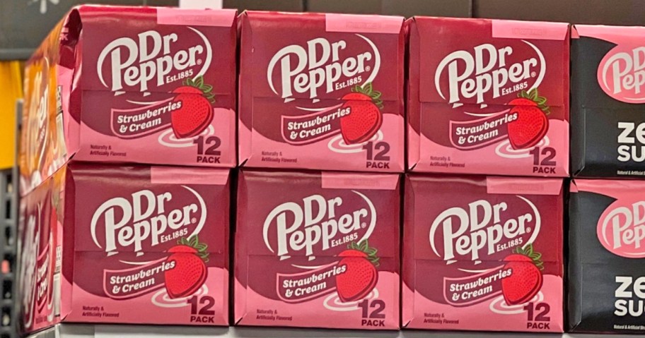 cases of Dr. Pepper Strawberries & Cream soda on store shelf