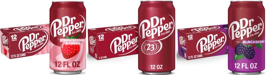 3 cases of Dr. Pepper with cans in front of them