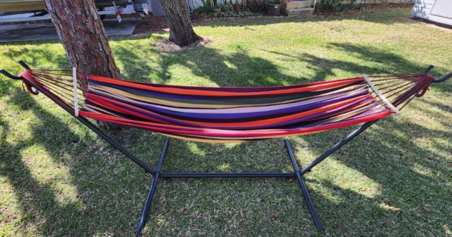 Everyfun Double Hammock w/ Stand in Dc-rainbow in yard