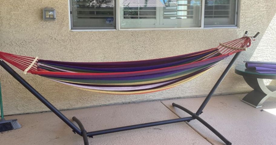 Everyfun Double Hammock w/ Stand in Dc-rainbow on patio