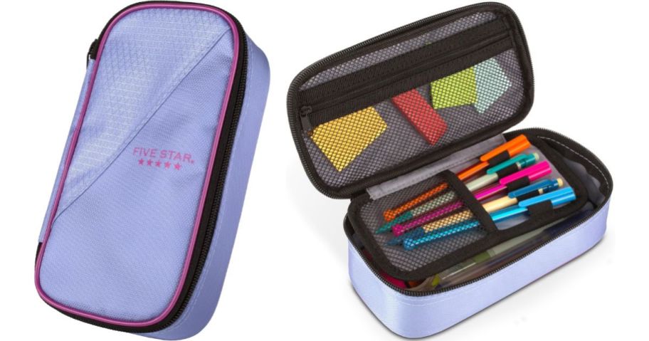 Stock images of the exterior and interior of a purple five star pencil pouch