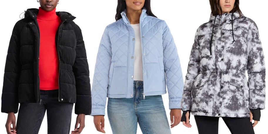 Free Assembly Women's Side-Tie Puffer Jacket, Time and Tru Women's Mixed Media Puffer Jacket, Ozark Trail Women's Mid Length Puffer Coat 2
