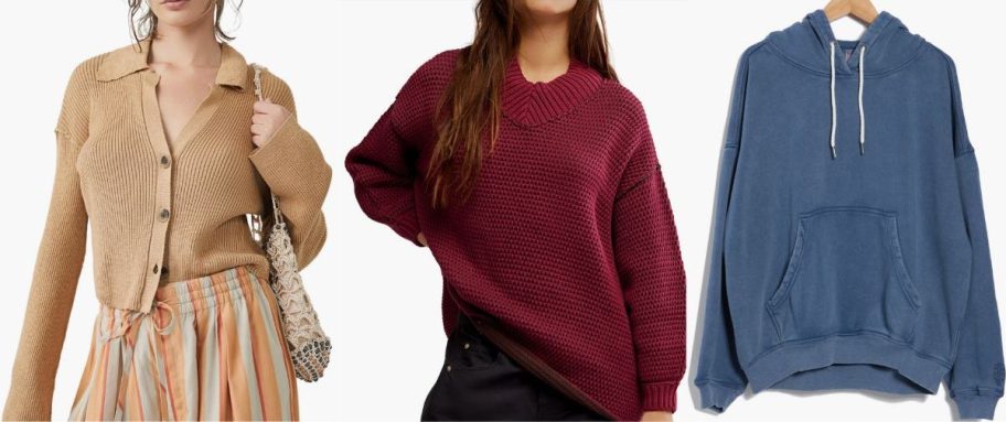 Stock images of two women wearing free people sweaters and a sweatshirt on a hanger