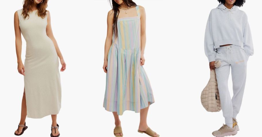 Stock images of three women wearing free people clothing dresses and sweats