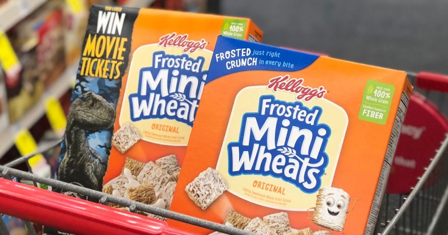 two boxes of Frosted Mini-Wheats cereals in a shopping cart