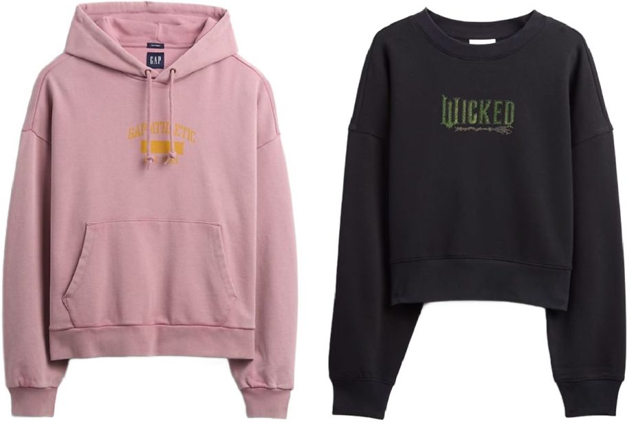 Stock images of GAP sweatshirts for a woman and a man