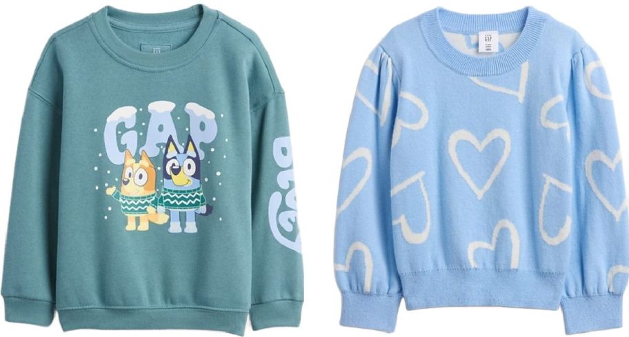 Stock images of two baby and toddler sweatshirts from GAP