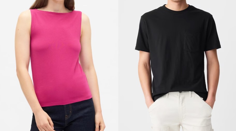woman in pink tank top and man in black t-shirt